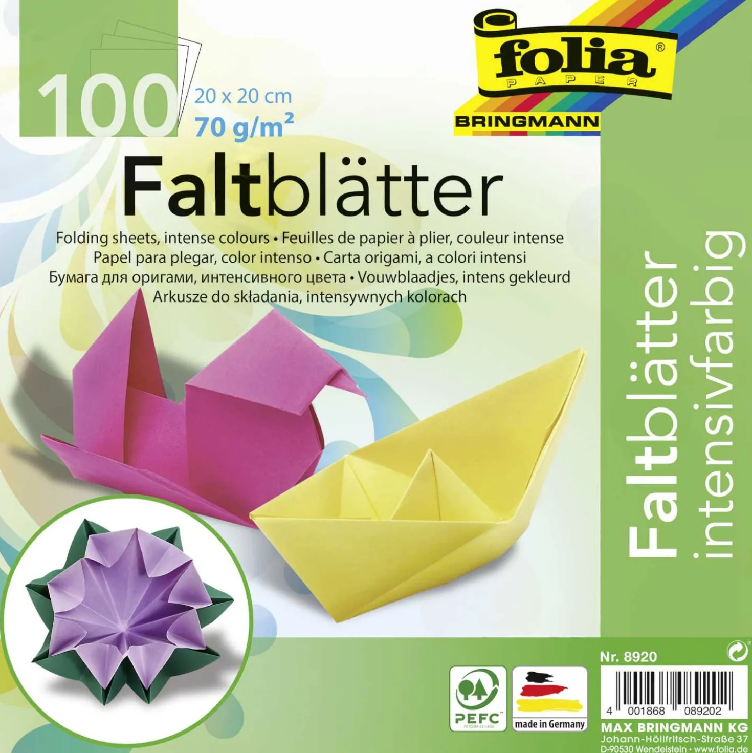 Folia ® Faltblätter, 20 x 20 cm, farbig, 100 Blatt