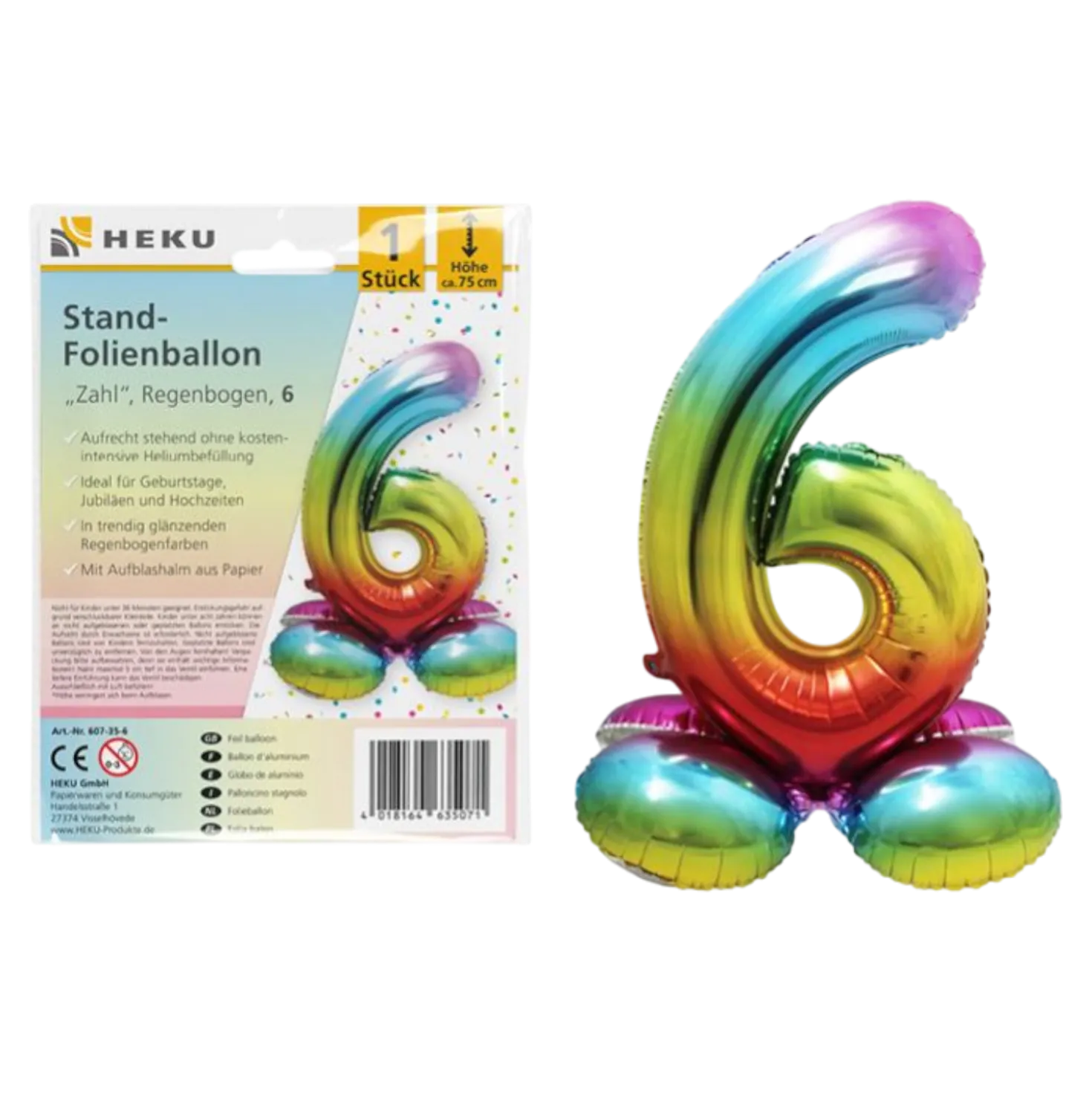 Folienballon Zahl 6 Jahre Regenbogen