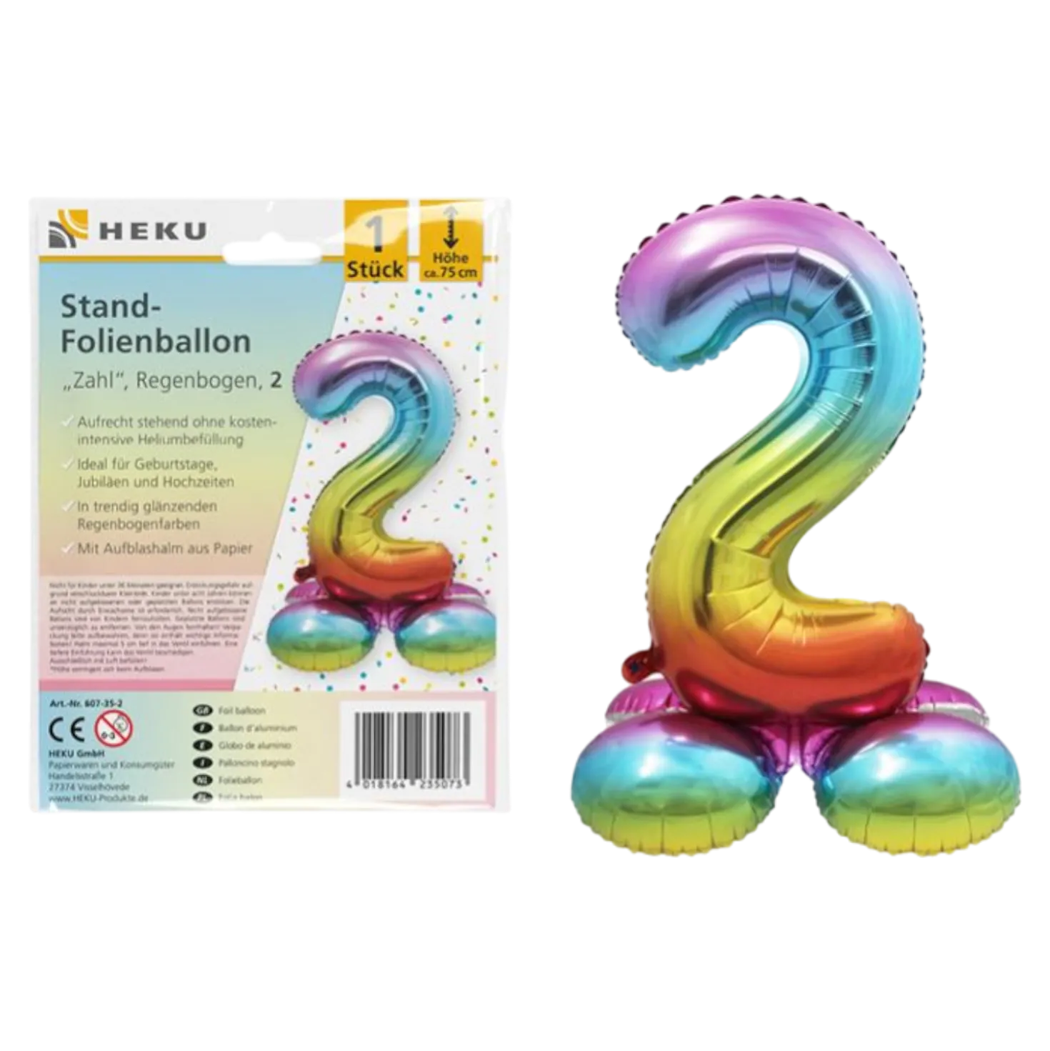 Folienballon Zahl 2 Jahre Regenbogen