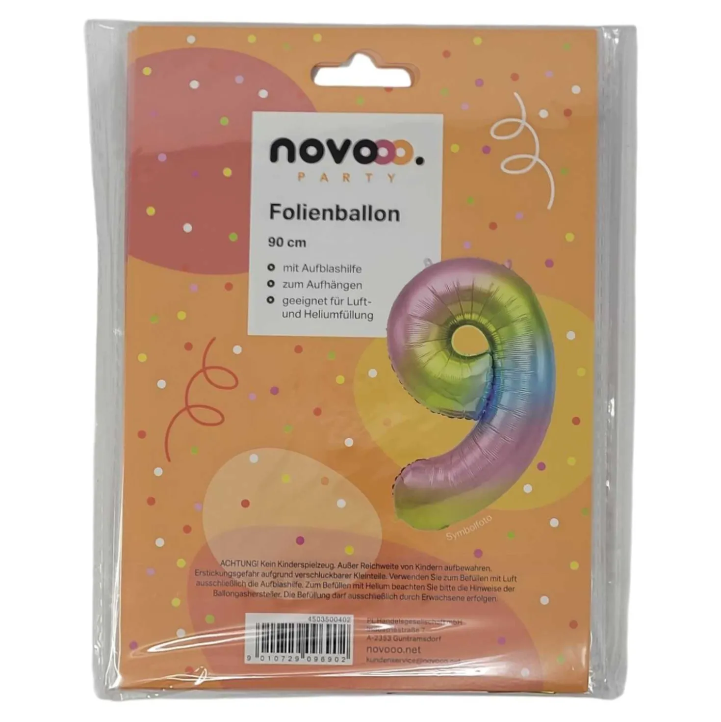 novooo Folienballon 9 Jahre Regenbogen, 90 cm