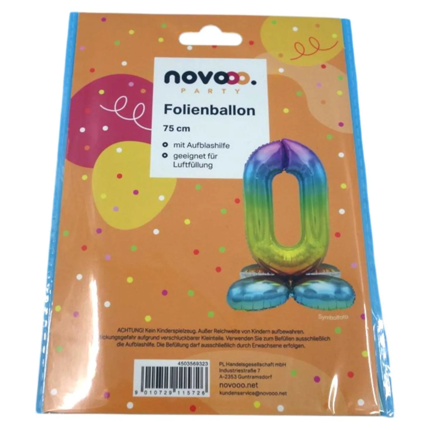 novooo Folienballon 0 Stand Zahl rainbow