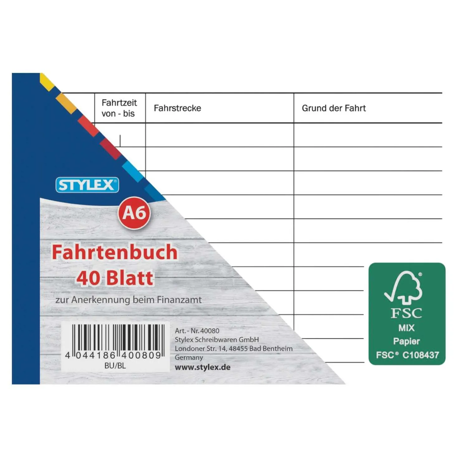 Stylex Fahrtenbuch DIN A6, 40 Blatt