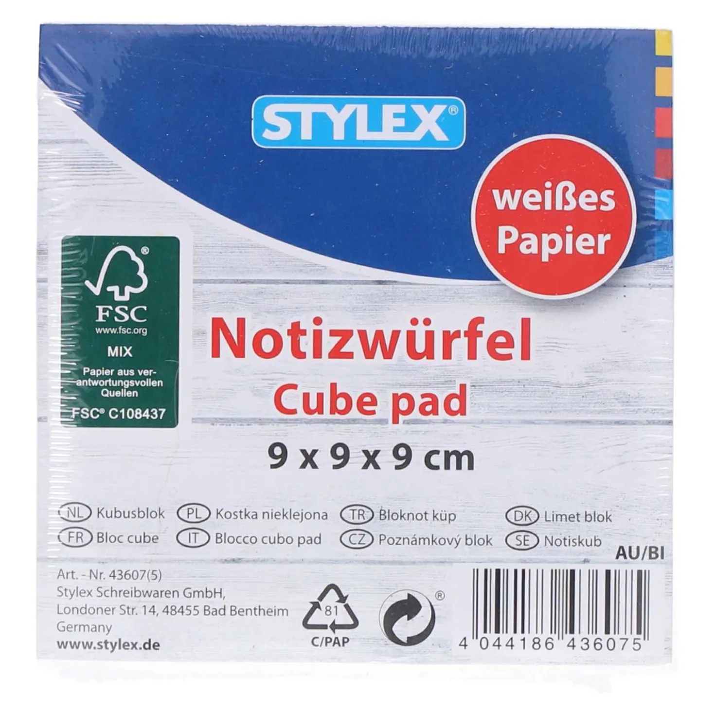 Stylex ® Notizwürfel Notizzettelblock geleimt, weiß, 9 x 9 x 9 cm, 1000 Blatt
