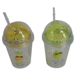 Trinkbecher mit Deckel und Strohhalm Fruchtdesign, 360 ml
